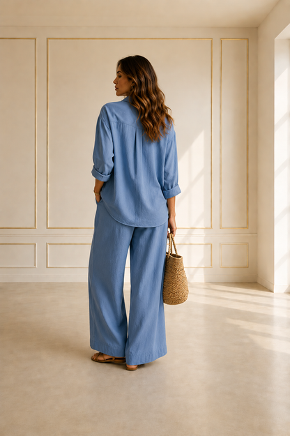 Capri Conjunto Camisa Manga 7/8 y Pantalón Ancho de Lino