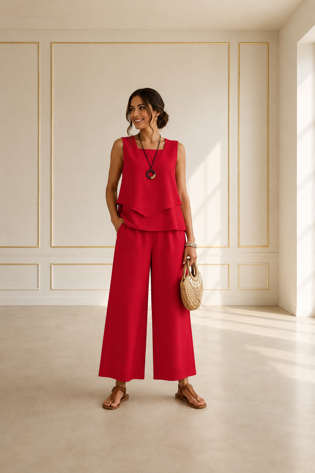 Onda Conjunto Top Sin Mangas con Capa y Pantalón Ancho Palazzo