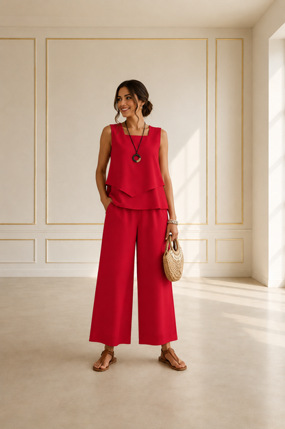 Onda Conjunto Top Sin Mangas con Capa y Pantalón Ancho Palazzo