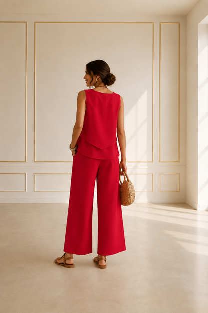 Onda Conjunto Top Sin Mangas con Capa y Pantalón Ancho Palazzo